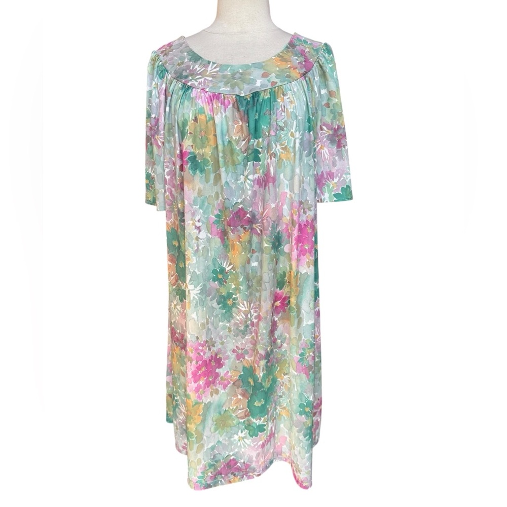 1970s Watercolor Floral Poly Print Muumuu - image 1